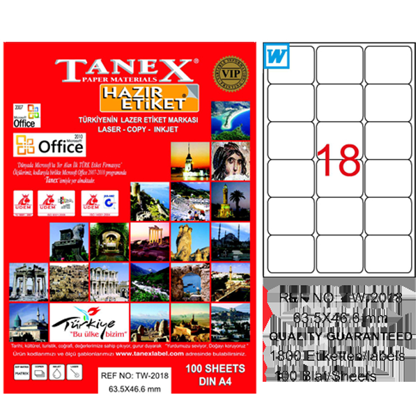 Tanex Laser Etiket 100 YP 63.5x46.6 Laser-Copy-Inkjet TW-2018